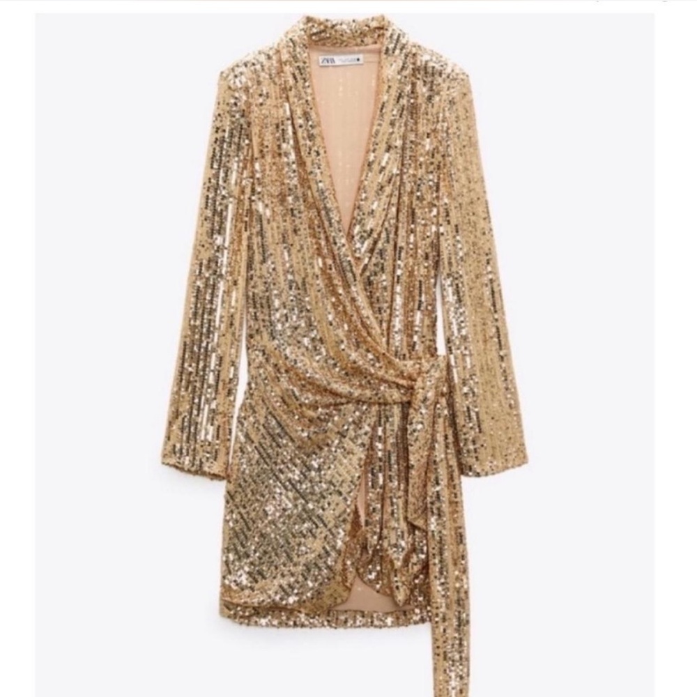 Zara Shimmering Gold Sequin Blazer Wrap Dress